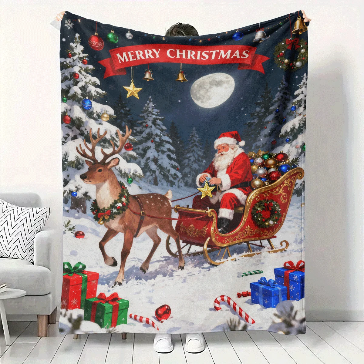 

1PC Classic Christmas Eve Santa Claus Reindeer Sled Blanket Warm Holiday Snow Scenery Home Warm Blanket