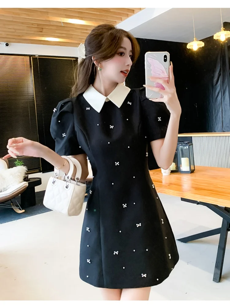 New Fashion Black Luxury Shiny Diamond Party Dress Women Sweet Spliced White Lapel Puff Short Sleeve Summer Princess Dress