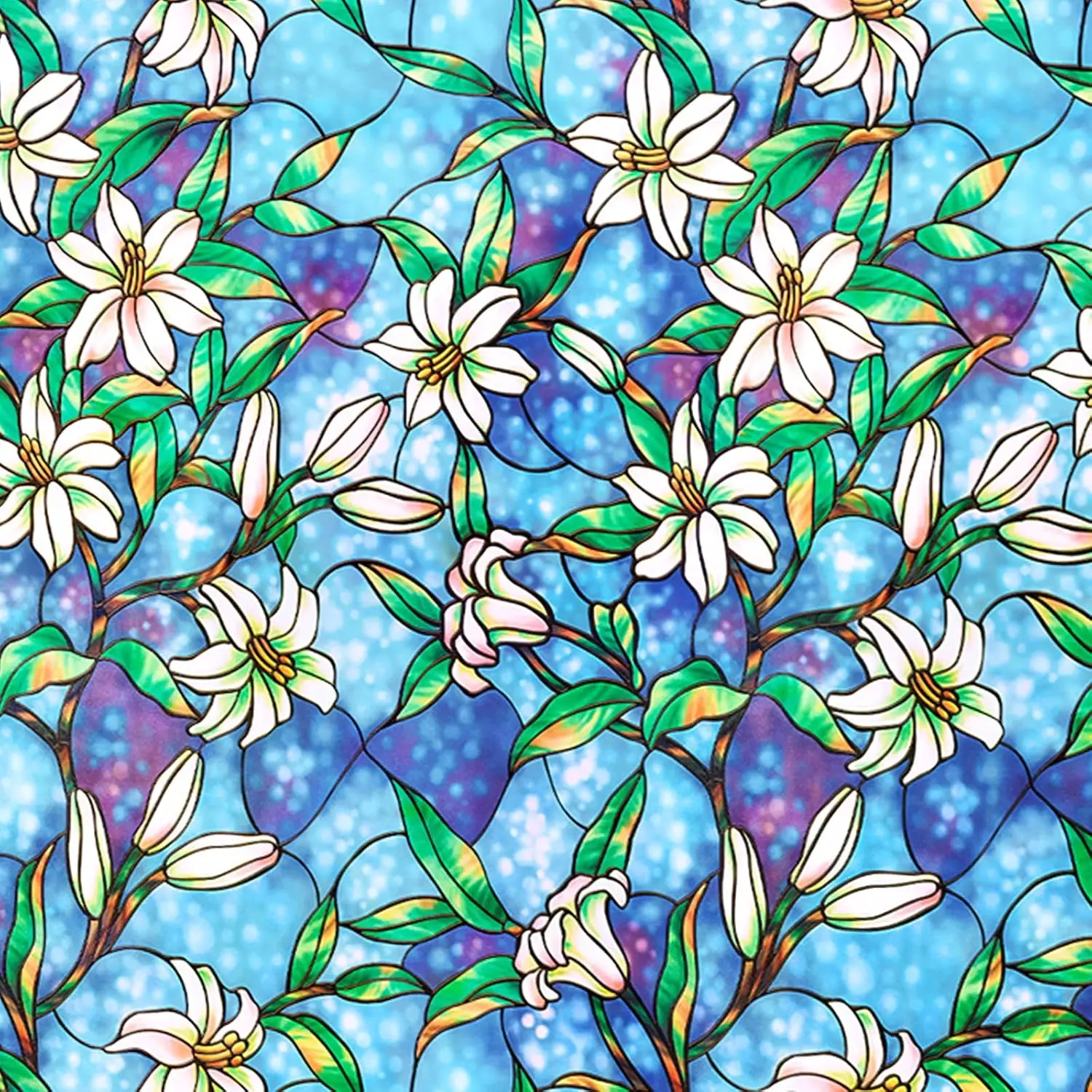 Floral Stained Glass Privacy Window Film 96% UV & Heat Blocking Non-Adhesive Removable Floral Design for Front Door Shower Home