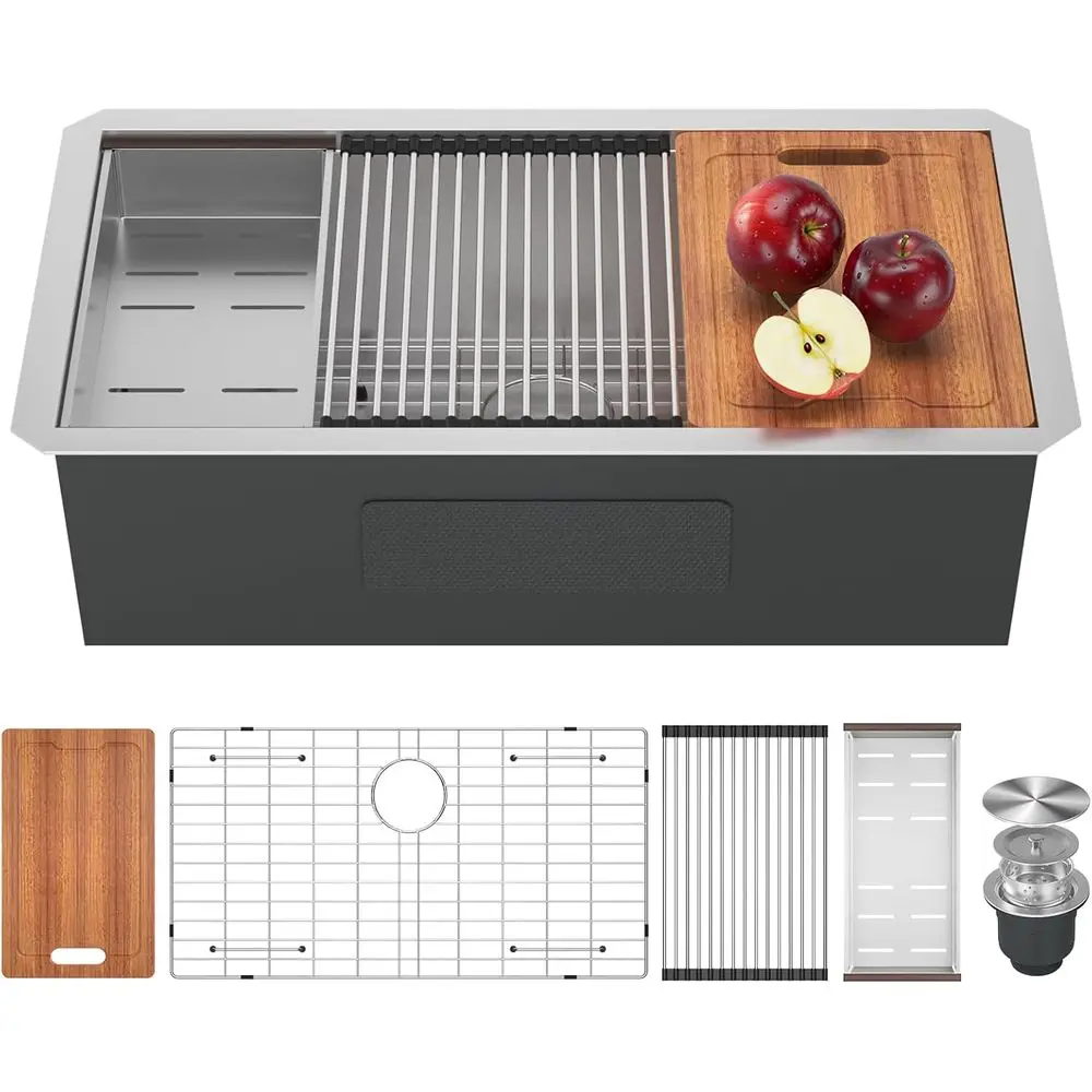 

32-Inch Undermount Workstation 16 Gauge Single Bowl StainlSteel Kitchen Sink with Accories, 32x19x10 Inch