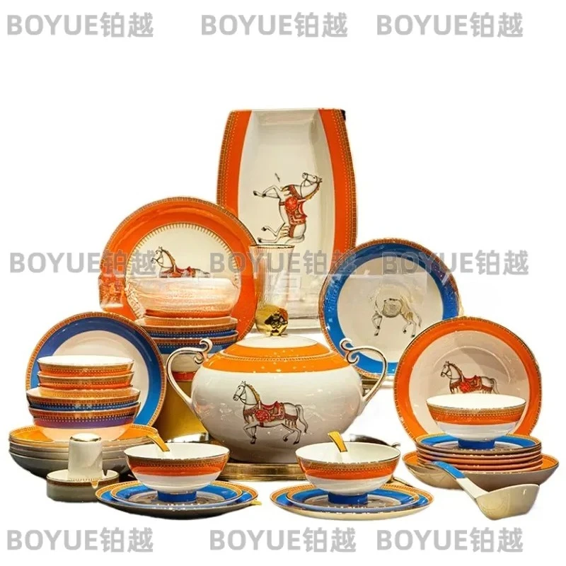 European Style Bone China Dinnerware Set Jingdezhen Ceramic Bowl Plate Combo Light Luxury Household Tableware Gift