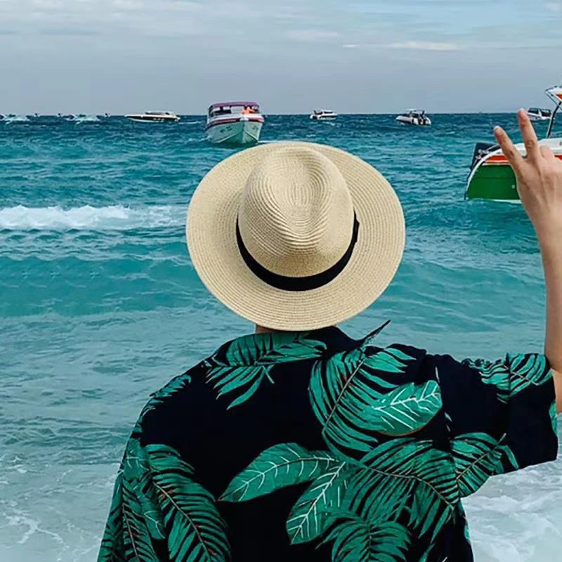 

Straw Hat Summer Men Women Wide Brim Beach UV Protection Fedora Sun Hat