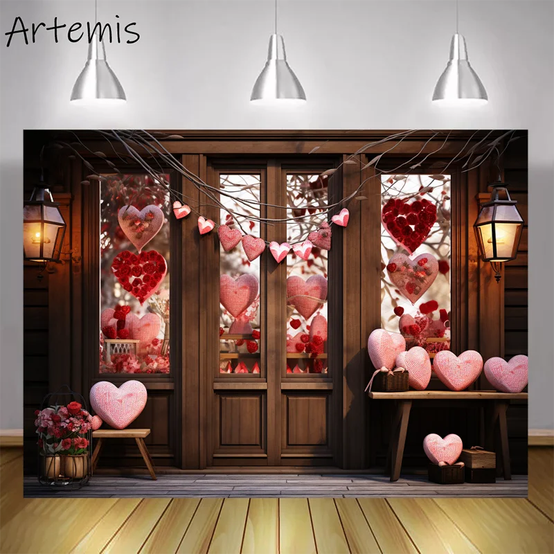 

Valentine's Day Backdrop Romantic Love Rose Balloon Retro Wood Grain Children's Birthday Portrait Background Photo Studio