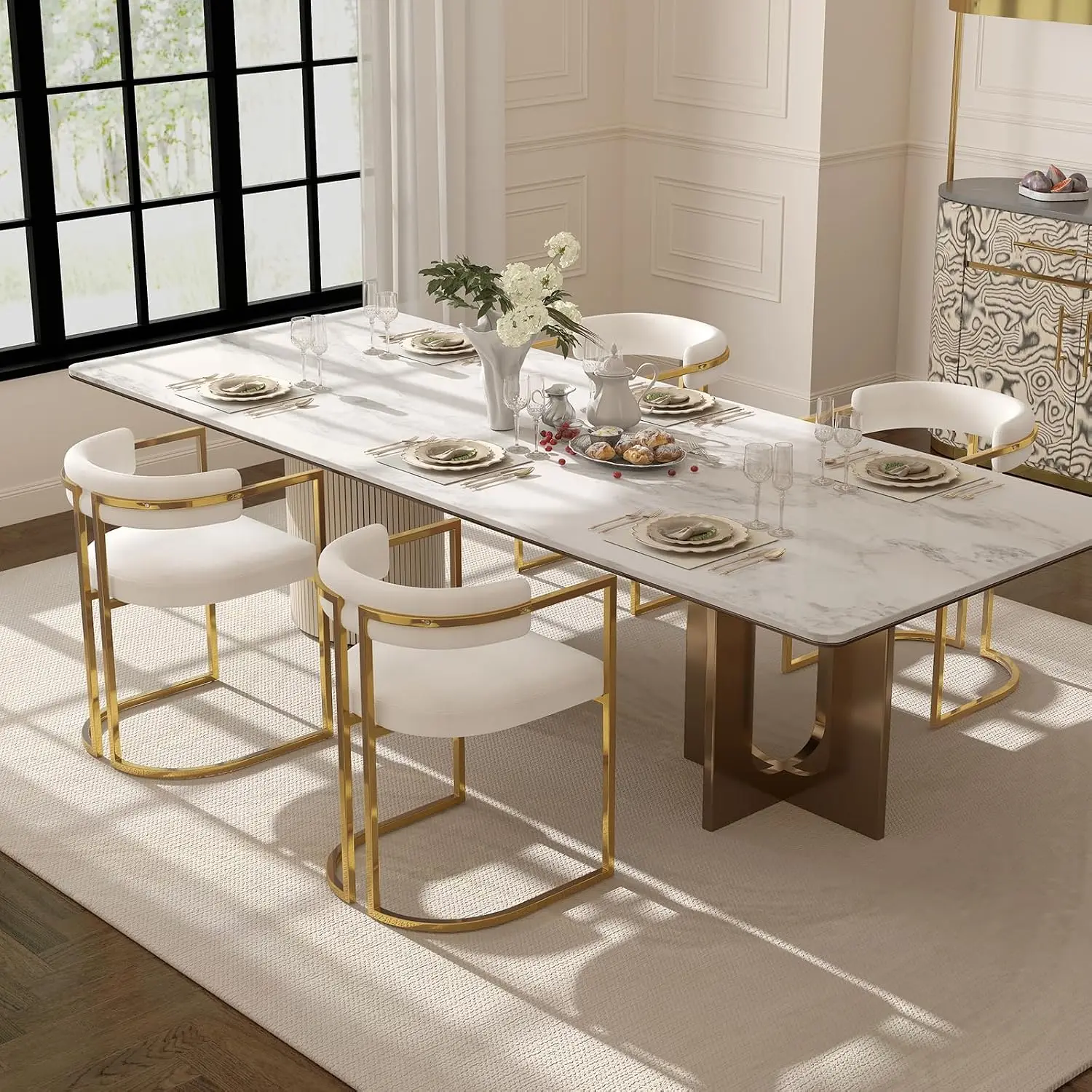 White Chenille Dining Chairs Set of 4, Modern Open Back Barrel Chair with Gold Legs for Kitchen Dining Room Vanity, Customized