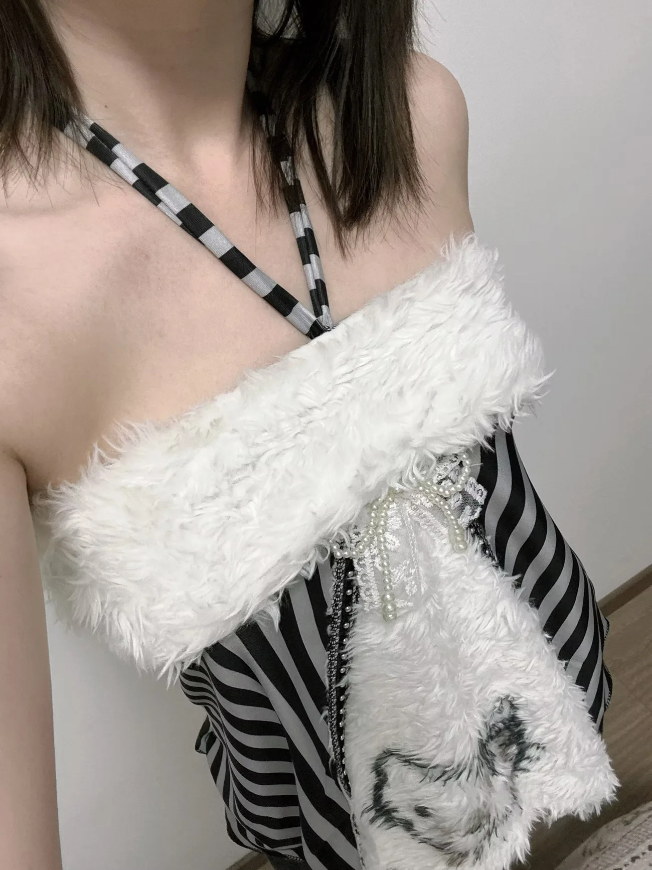 Kimotimo Women Sexy Tanks Y2k Tops Y2k Goth Furry Patchwork Zebra Stripe Halter Camisole Vest Harajuku Fashion Slim Ropa Mujer