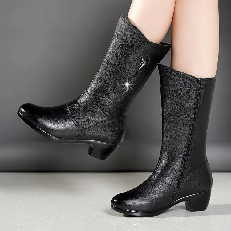 Botas de neve de salto alto de pelúcia meia panturrilha para mulheres, quente, zíper lateral, estilo britânico, preto, moda, outono, inverno, 2023