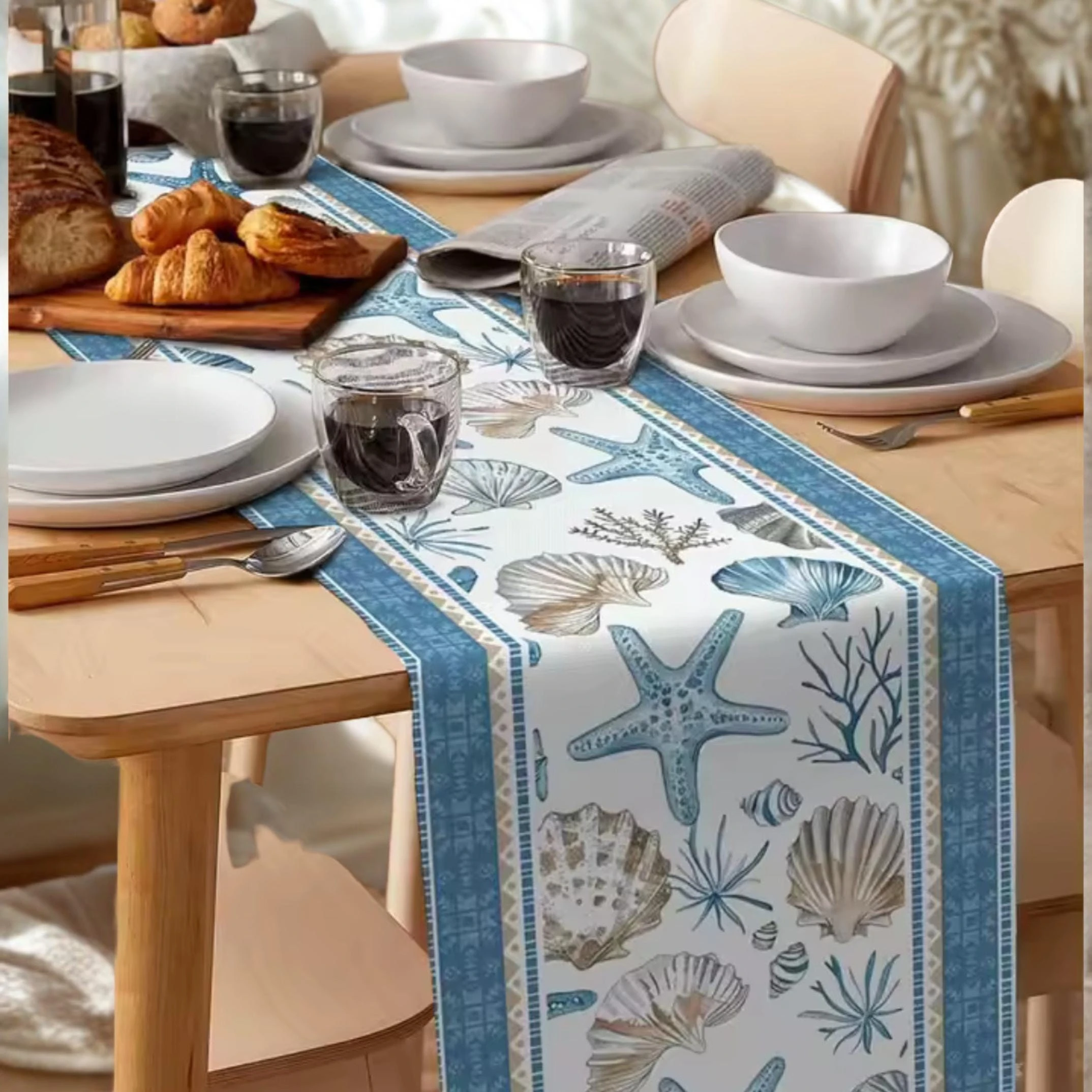 Starfish Seashell Coral Ocean Linen Table Runner Coastal Nautical Summer Decor Farmhouse Kitchen Party Table Ornament