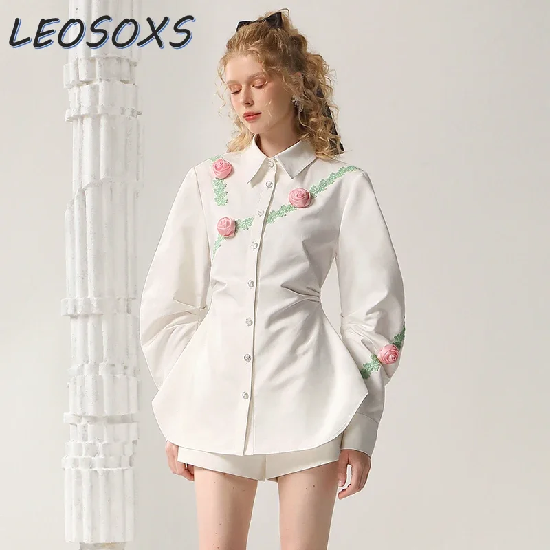 LEOSOXS French Girl Bubble Long-sleeve White Shirt 2024 Early Autumn New Three-dimensional Rose Medium Long Design Blouse Top