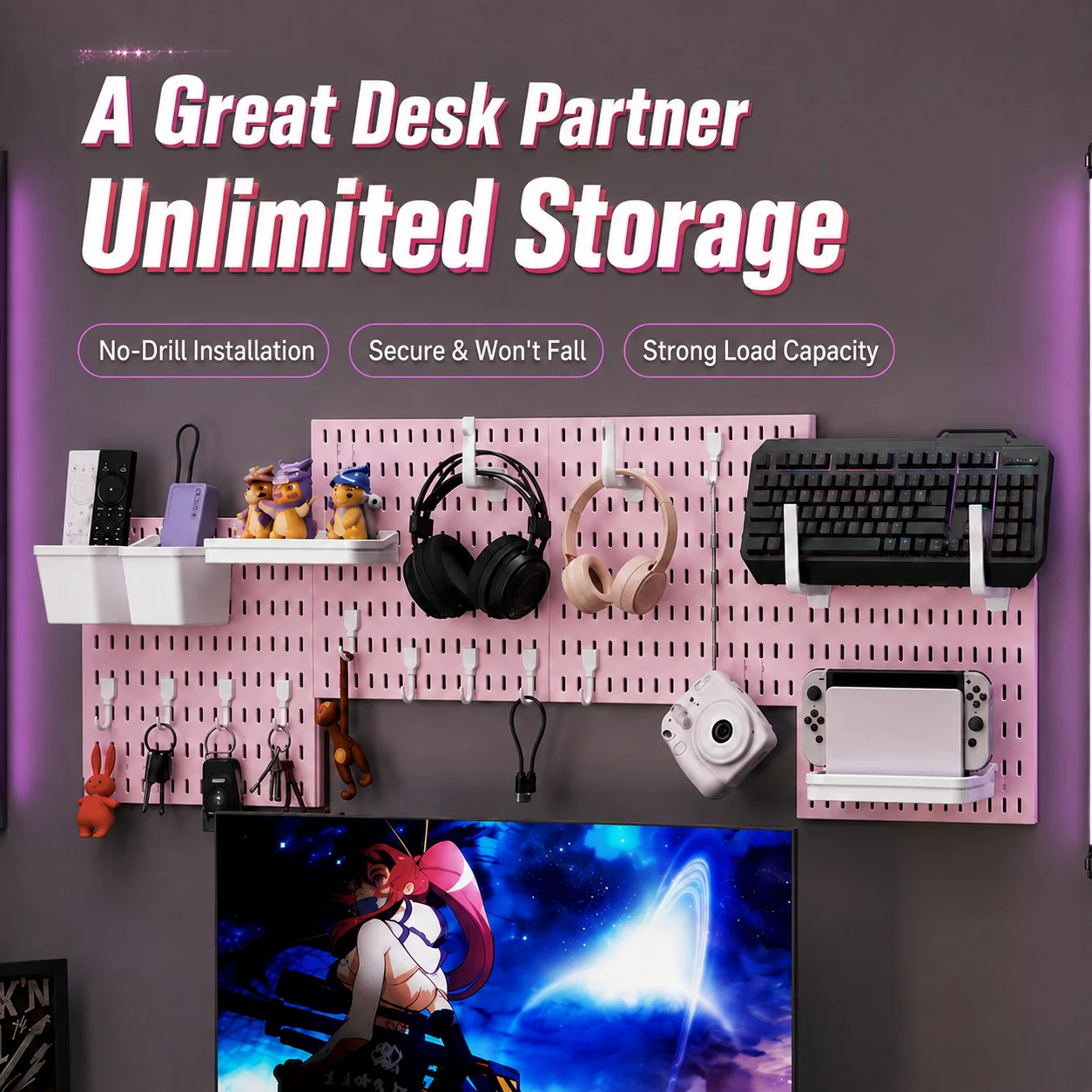 Pink No Drill Wall & Desktop Pegboard Freely Combinable Hanging Board for Dorm Jewelry & Ornament Storage