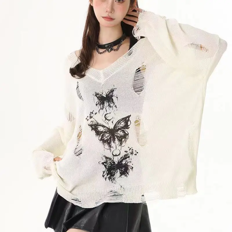 

Graffiti Butterfly Hollow New Long-sleeved Summer Sweater Loose Versatile Top Blouse