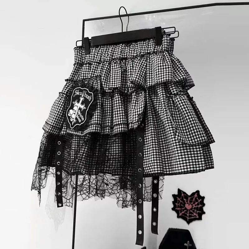 Subcultural Dark Style Y2k Gothic Skirts Millennial Spicy Girl Black And White Checkered Punk Irregular Lace Skirt Short Skirt