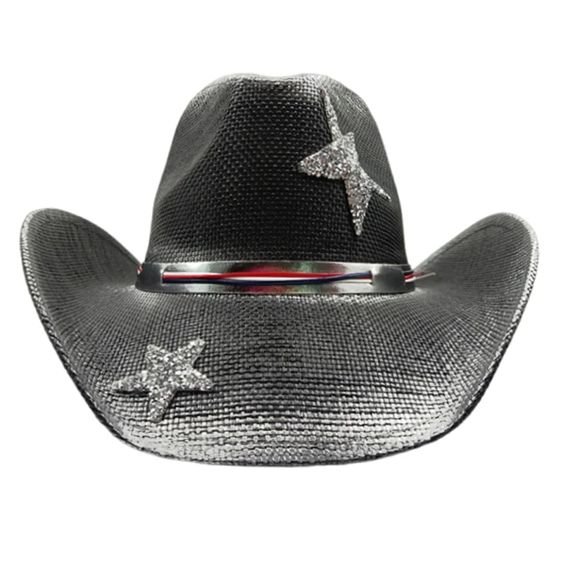 Black silver-rimmed cowboy hat for summer outdoor travel star cowboy hat for men and women retro gentleman lady sombrero vaquero