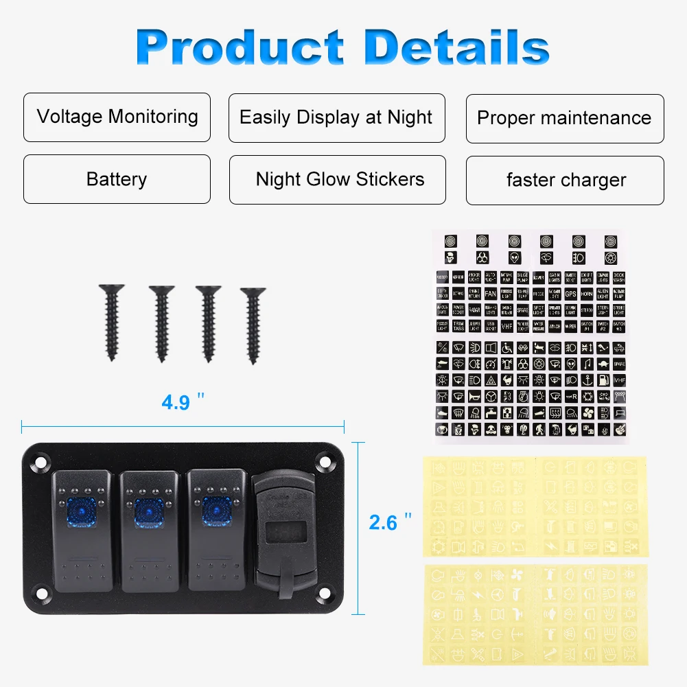 Dual USB carregador soquete com etiqueta luminosa, voltímetro Digital, Switch Panel, Marine, carro, barco, caravana, campista, 2 gangues, 3 gangues, 12V, 4.8A