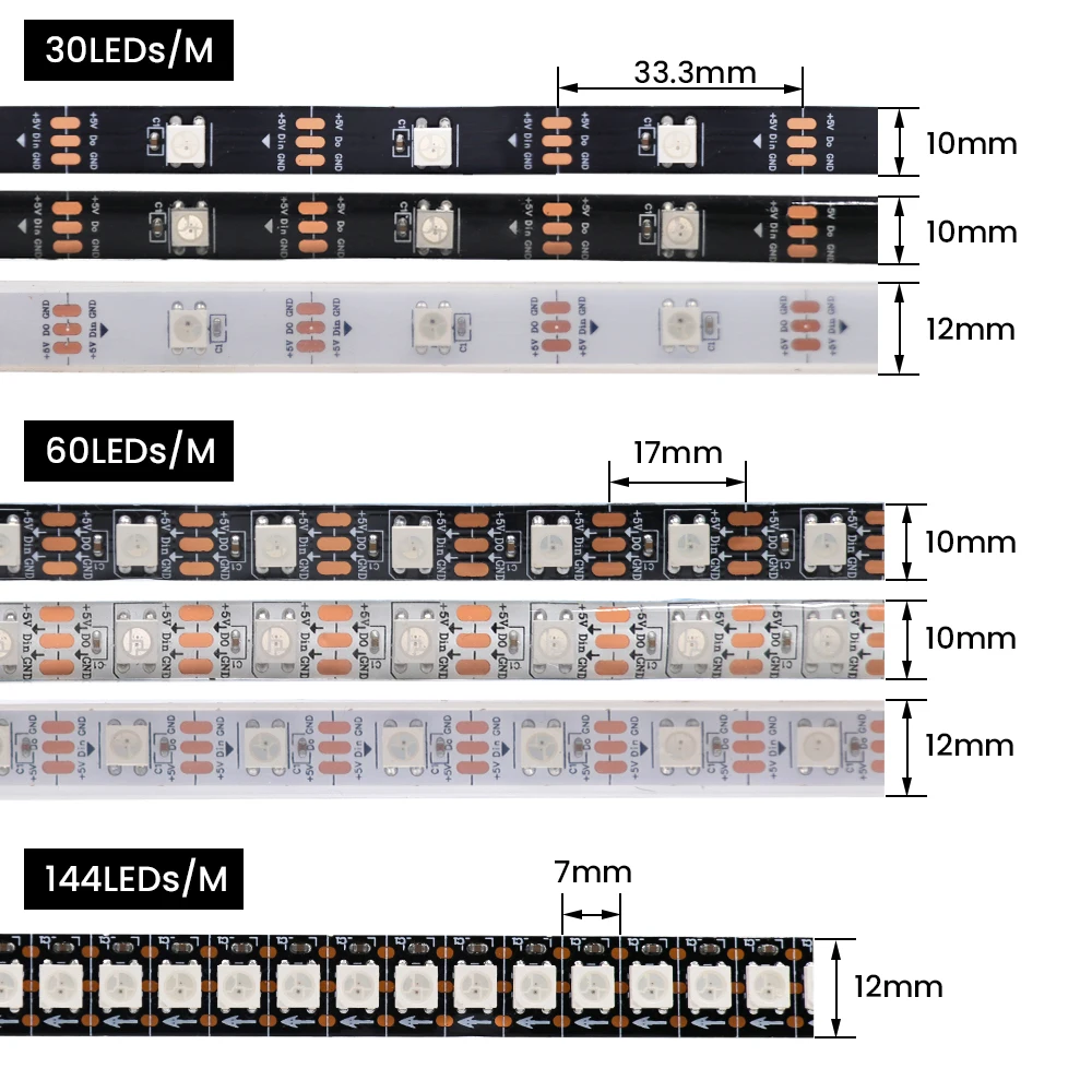 1m 2m 3m 4m 5m WS2812B LED Strip 5V Smart Full Color 5050 RGB LED Strip 30/60/144LEDs/m Waterproof WS2812B Addressable Tape