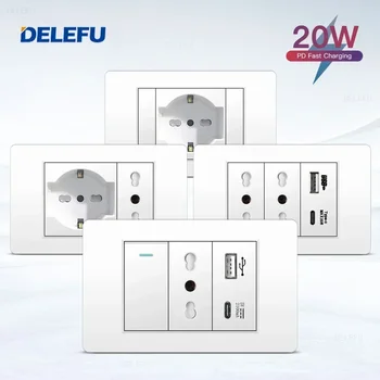 DELEFU 화이트 난연 PC 패널, 이탈리아 표준 C 타입 EU 콘센트 플러그, 벽 소켓 조명 스위치, 칠레 SAT TV Tel CAT5 CAT6