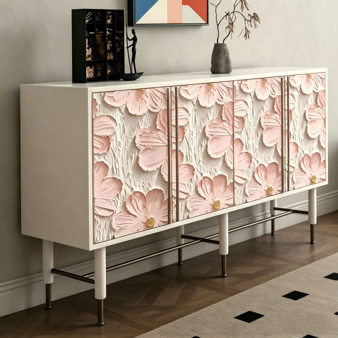 French-style Cream pink Embossed Solid Wood Sideboard Modern Minimalist Farmhouse Entryway Cabinet Eco-Friendly Multifunctional