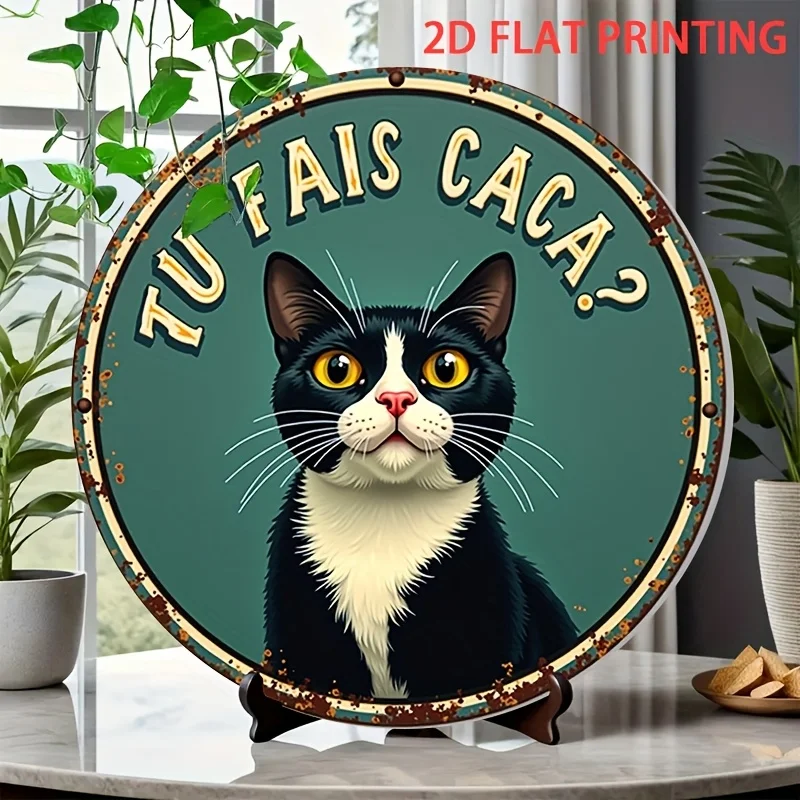 2D flach, 1 Stück lustiges französisches „TU FAIS CACA?“ Katzendekor – Blaugrünes Vintage-Retro-Poster – vorgebohrte Löcher zum einfachen Aufhängen – Heavy-Dut