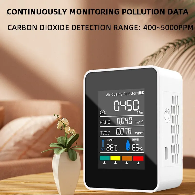 5 in 1 Detector Carbon Dioxide Formaldehyde TVOC Temperature and Humidity Detector LCD Infrared Detector