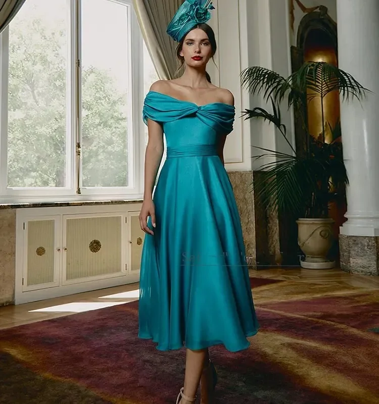 

Новое современное синее вечернее платье 2026 года с открытыми плечами, плиссированное, миди, из атласа, длиной до колена, А-силуэт, для выпускного вечера, торжественных мероприятий и конкурсов красоты