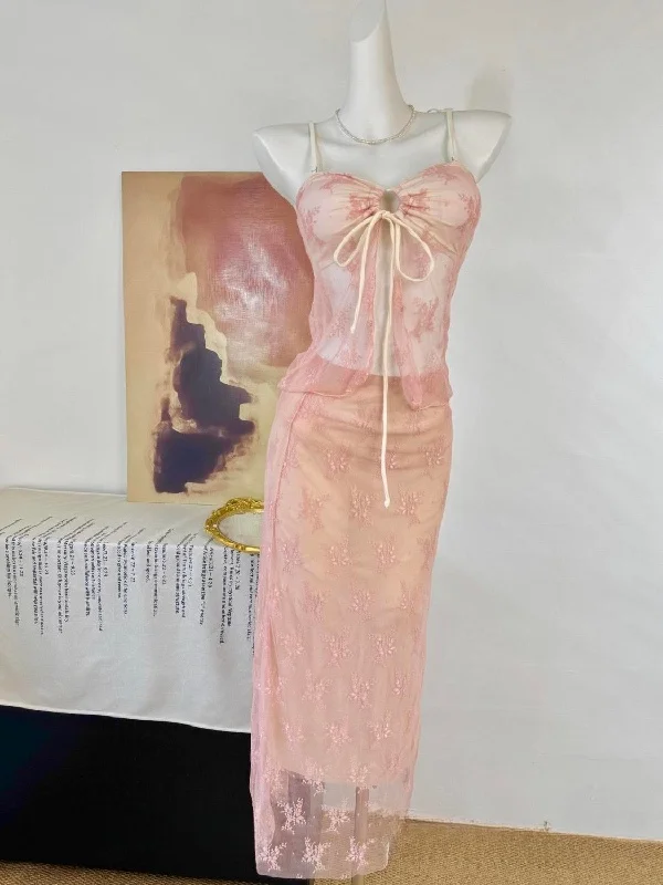 

Пастельно-розовый комплект бикини: сексуальный женский купальник с длинной юбкой для пляжа, из полиэстера