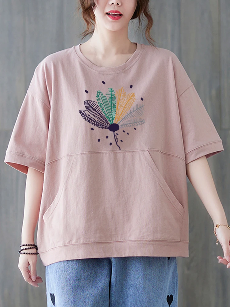 

High Quality Cotton Short Sleeve T-Shirt Women's Summer Pure Cotton Large Size Inner Wear Pink Top Retro Style Pocket Design