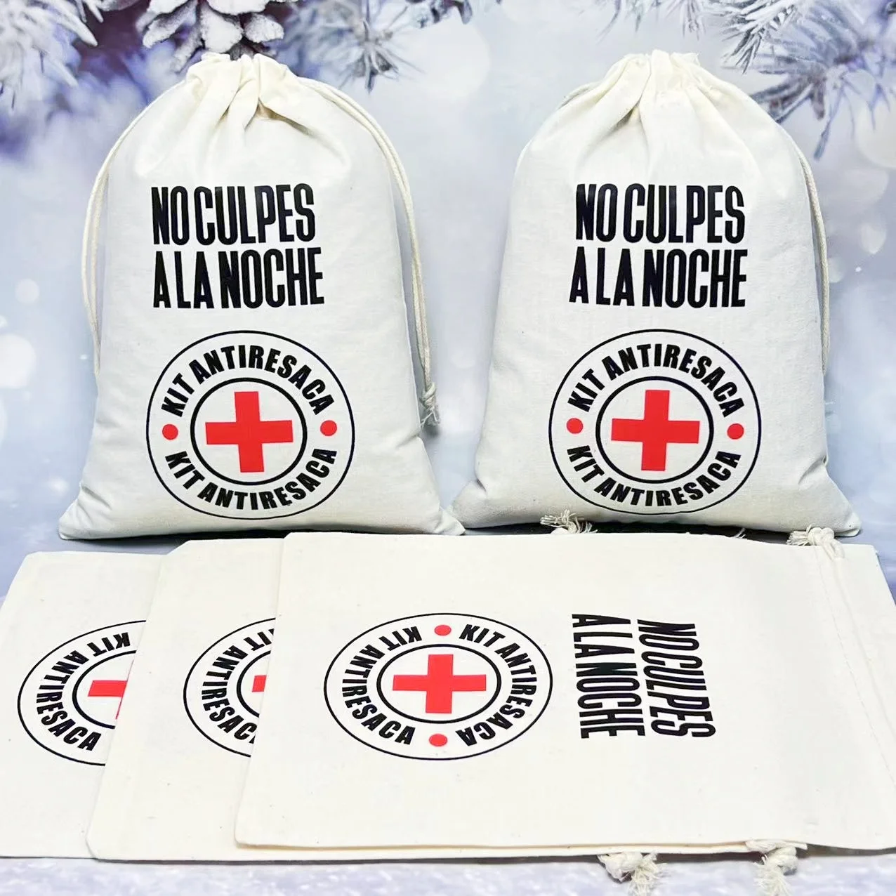 5 unids/lote bolsa con cordón para fiesta bolsa de regalo packagin “NO CULPES A LA NOCHE” KIT ANTIRESACA especificación 13*18 CM