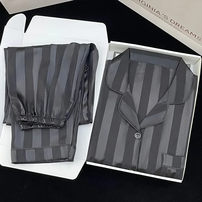Striped Long Sleeve Pants Pajamas Women Fall and Winter Simple Solid Color Student Loungewear Plus Size Cardigan 2PCS/Set view 2