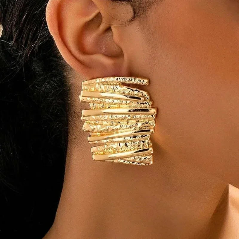 Fashionable Gold Color Hammer Patterned Multi-layer Geometric Irregular Earrings for Women's Banquets Parties Jewelry Gifts