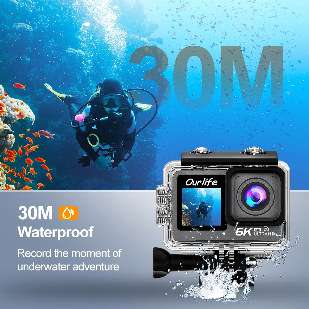 Action Camera 6K 5K 4K60FPS 170° Wide Angle  30M Waterproof Dual Screen Sport Camera EIS Bicycle Helmet Motorcycles Action Cam