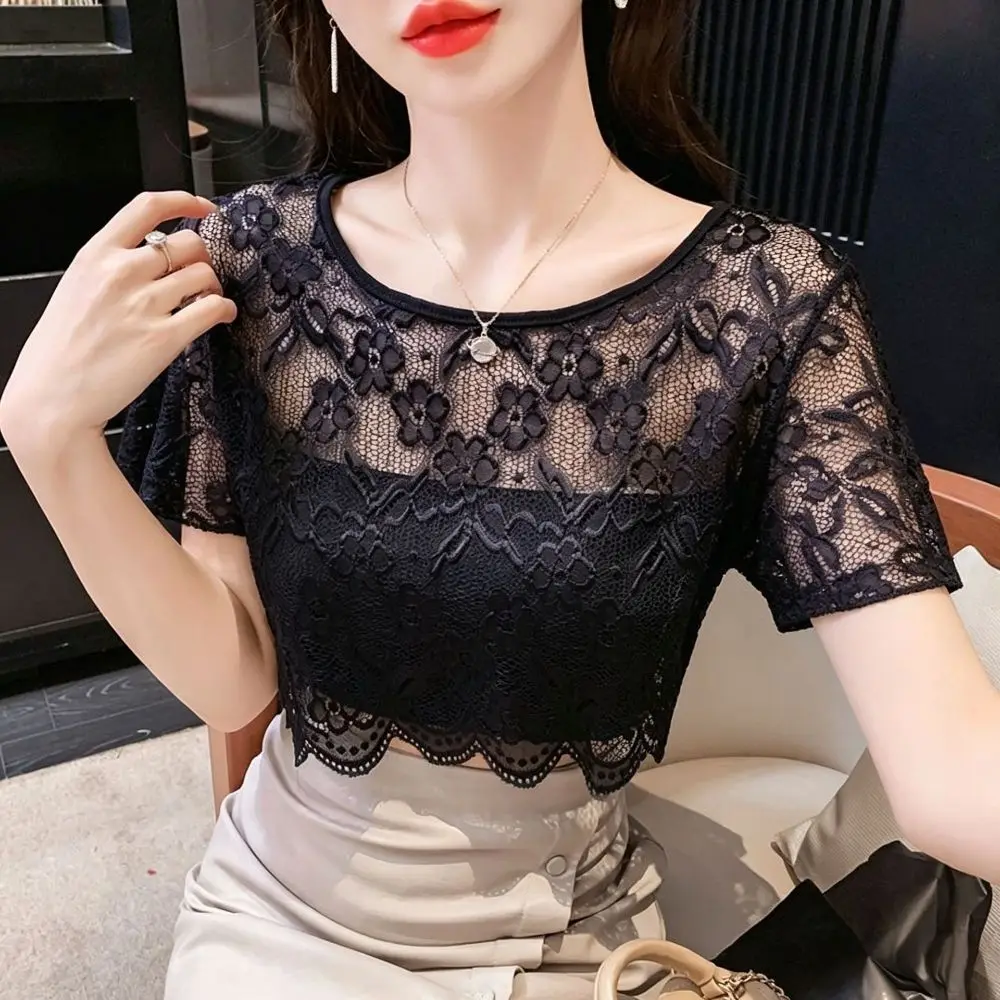 Fashion Nylon Lace Short Sleeve Top Short Sleeve Thin Light Fabric Hollow Out Layering Tee Breathable Sling Dress Cover Up Women