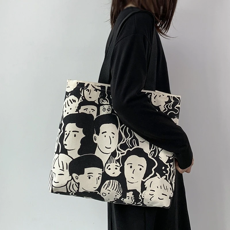 Teen Youth Pattern Canvas Bag, Large Capacity Female Single Handbag Shoulder Bag, Student Literary Artistic Simple Shopping Bag