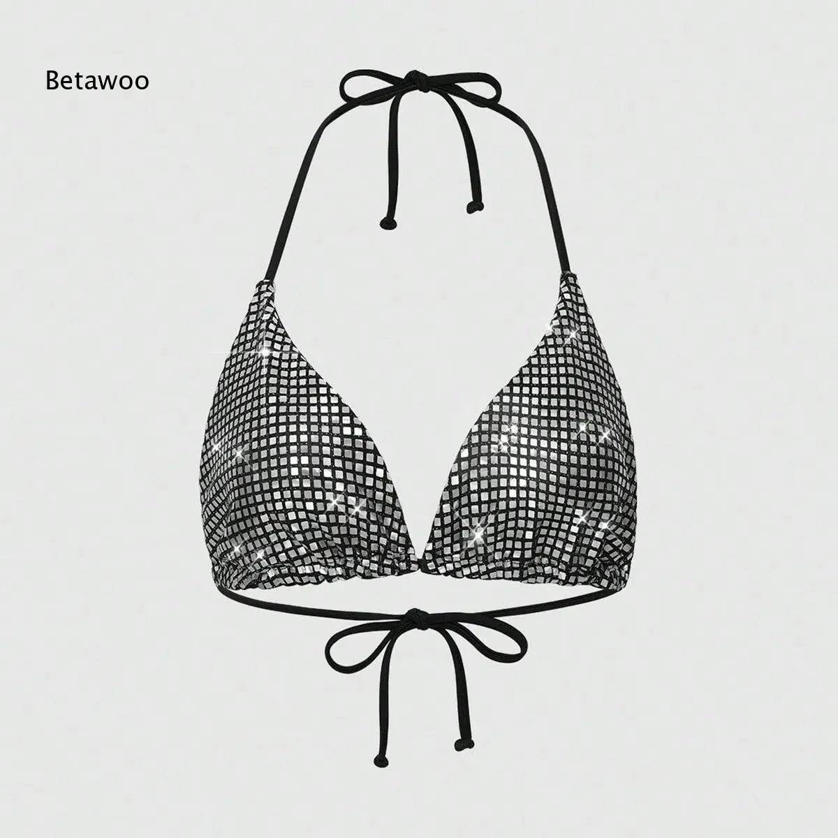 Silver Glitter Grid Pattern Holder Tie Triangle Bikini Top
