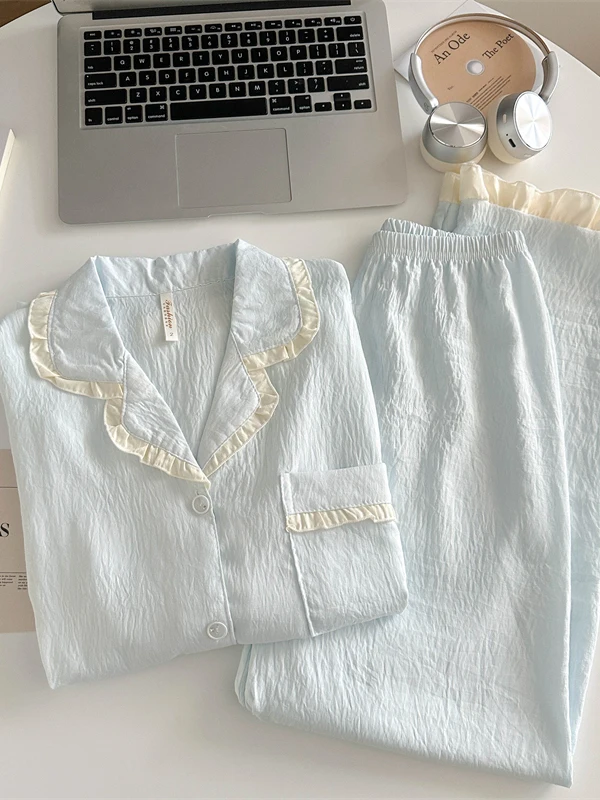 Blue Long Sleeve Sleepwear Women's Style Sweet Home Clothes Set Can Be Worn outside Spring Autumn Season Popular Internet Cel...