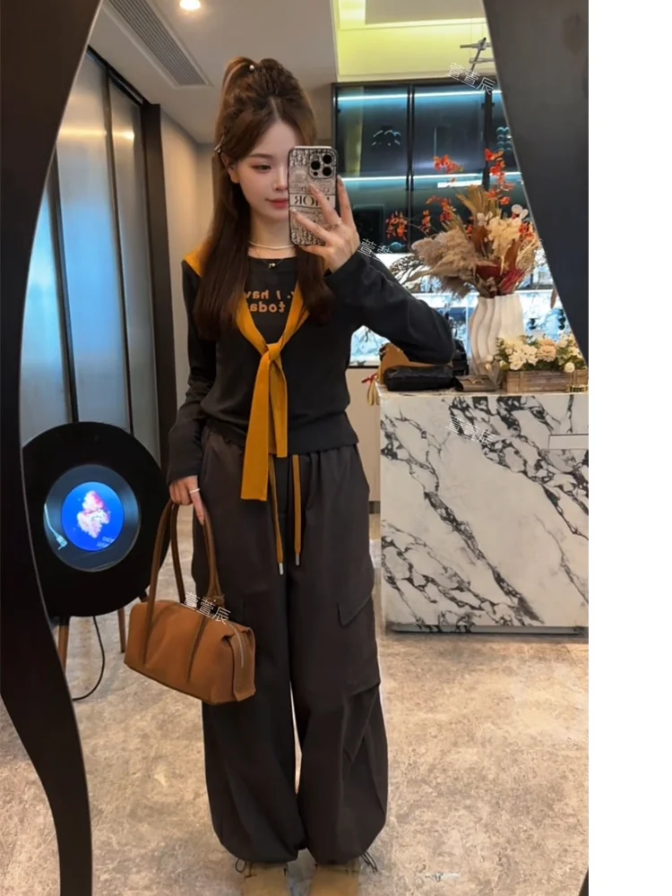 

Костюм-двойка Xuanxuanchen для девочек: модный повседневный комплект из футболки и брюк, женская рабочая форма, осенний стиль