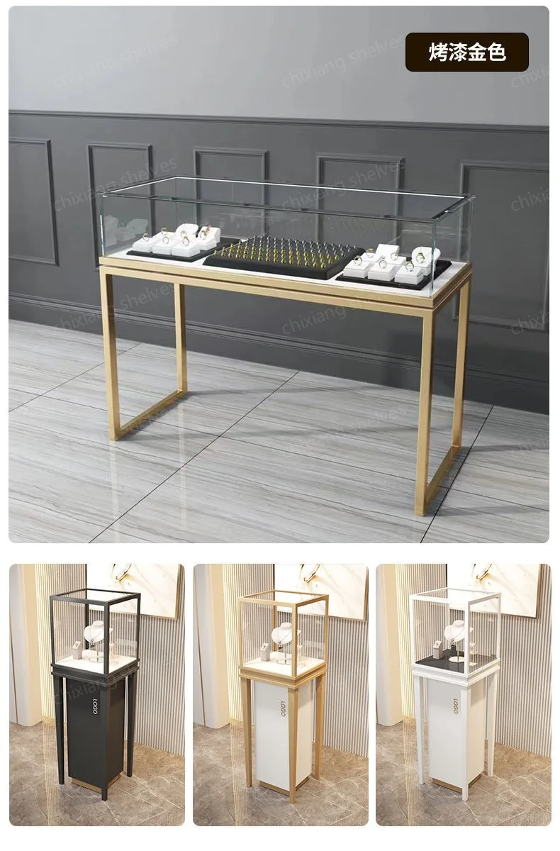 ตู้โชว์กระจกนิรภัยแบบกำหนดเองสำหรับงานแสดงสินค้าสุดหรู สำหรับสร้อยคอ สร้อยข้อมือ เครื่องประดับ อัญมณี และหยก