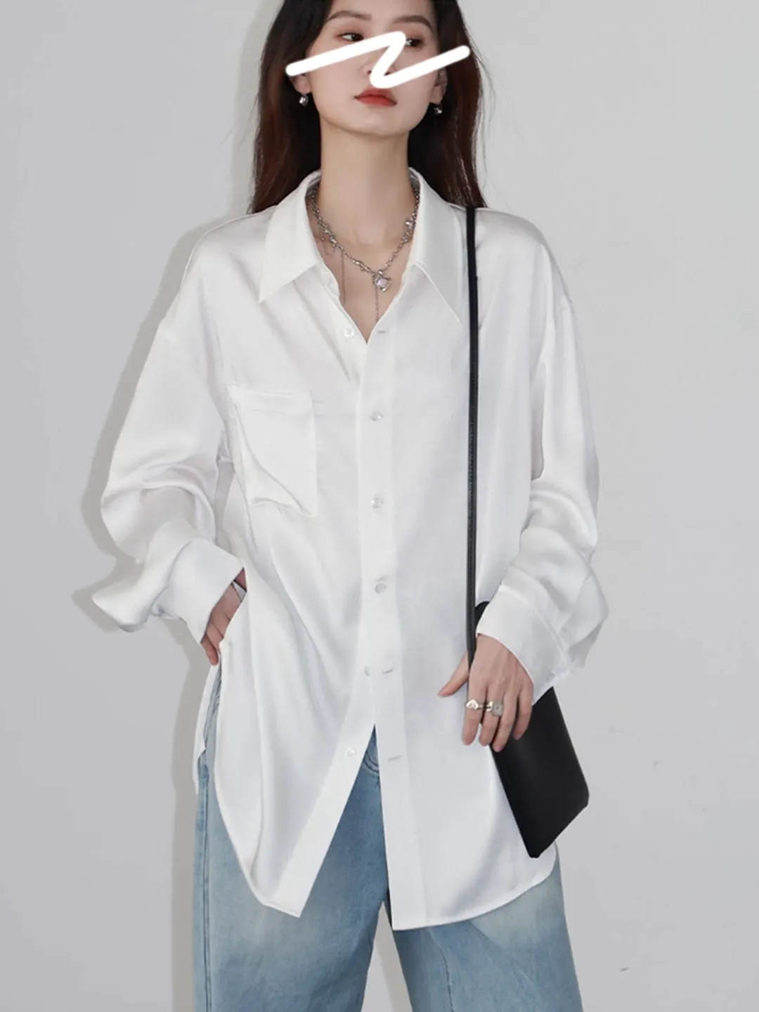 Ladies' Loose Satin Shirt Anti-Wrinkle Easy Care Long Sleeve  Collar Mid-Length Casual Fashion Spring Autumn Commute Wear