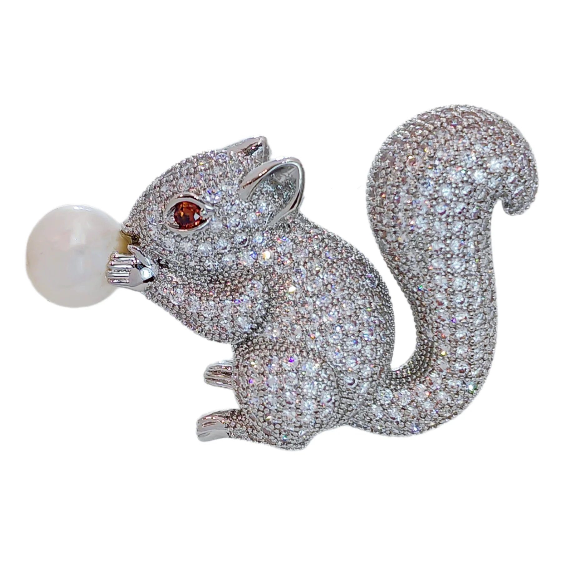 Cute White Mother of Pearl Nut Brown Eyes Micro Pave Clear CZ Squirrel Brooches Pins for Winter Holiday Christmas Gift Jewelry