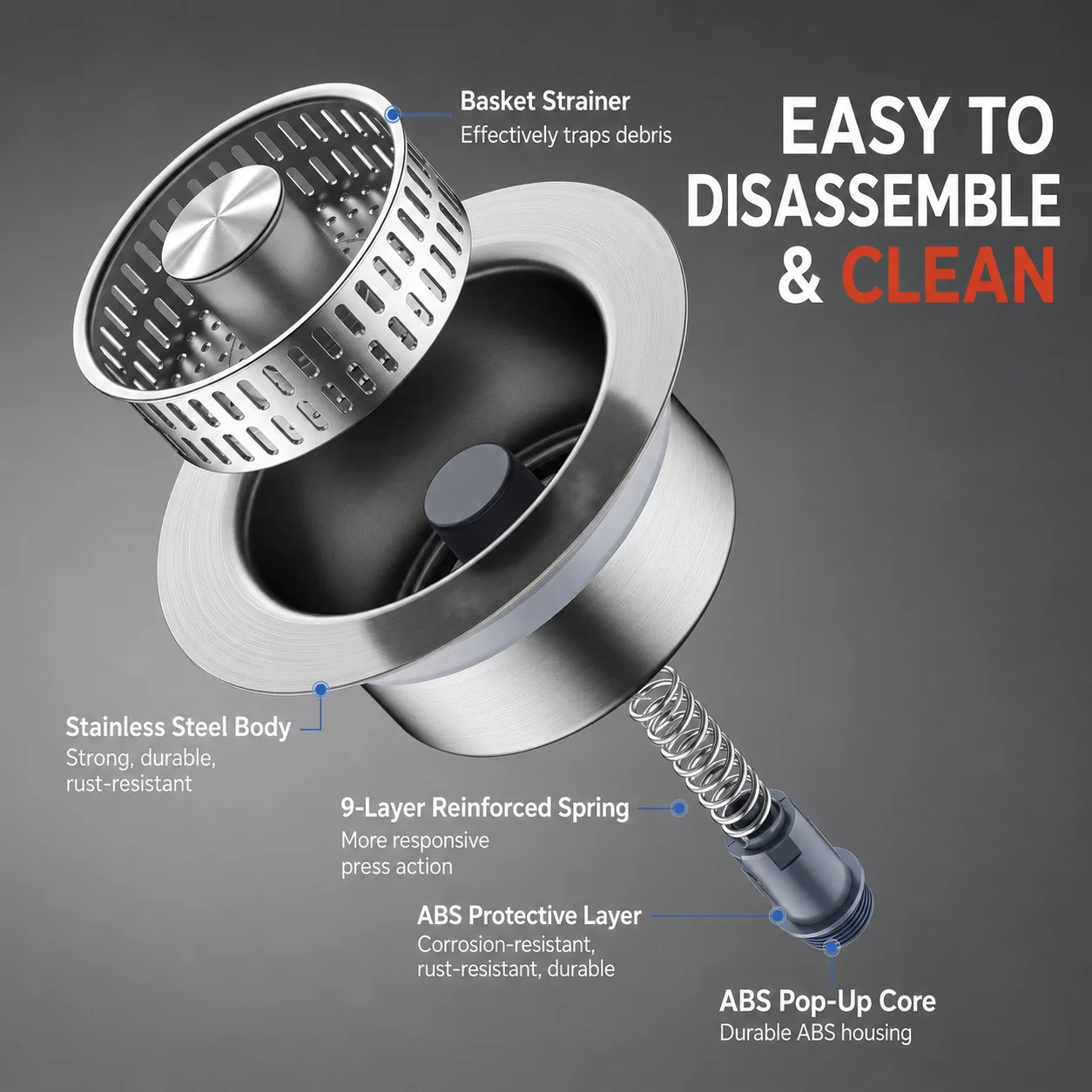 Stainless Steel Pop Up Sink Strainer Anti Clog Drain Filter Stopper Basket for Kitchen Washbasin
