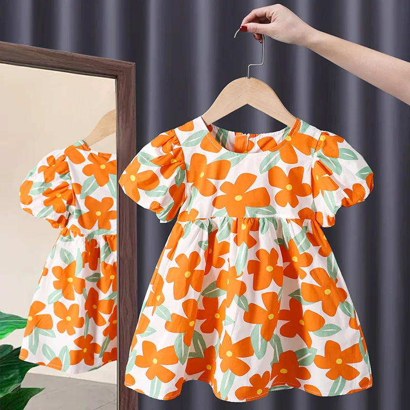 Girls Skirt Summer Skirt Little Fresh Flower Dress Skirt Children Puffy Sleeve Cutout Dress Short Sleeve Cotton Princess Dress