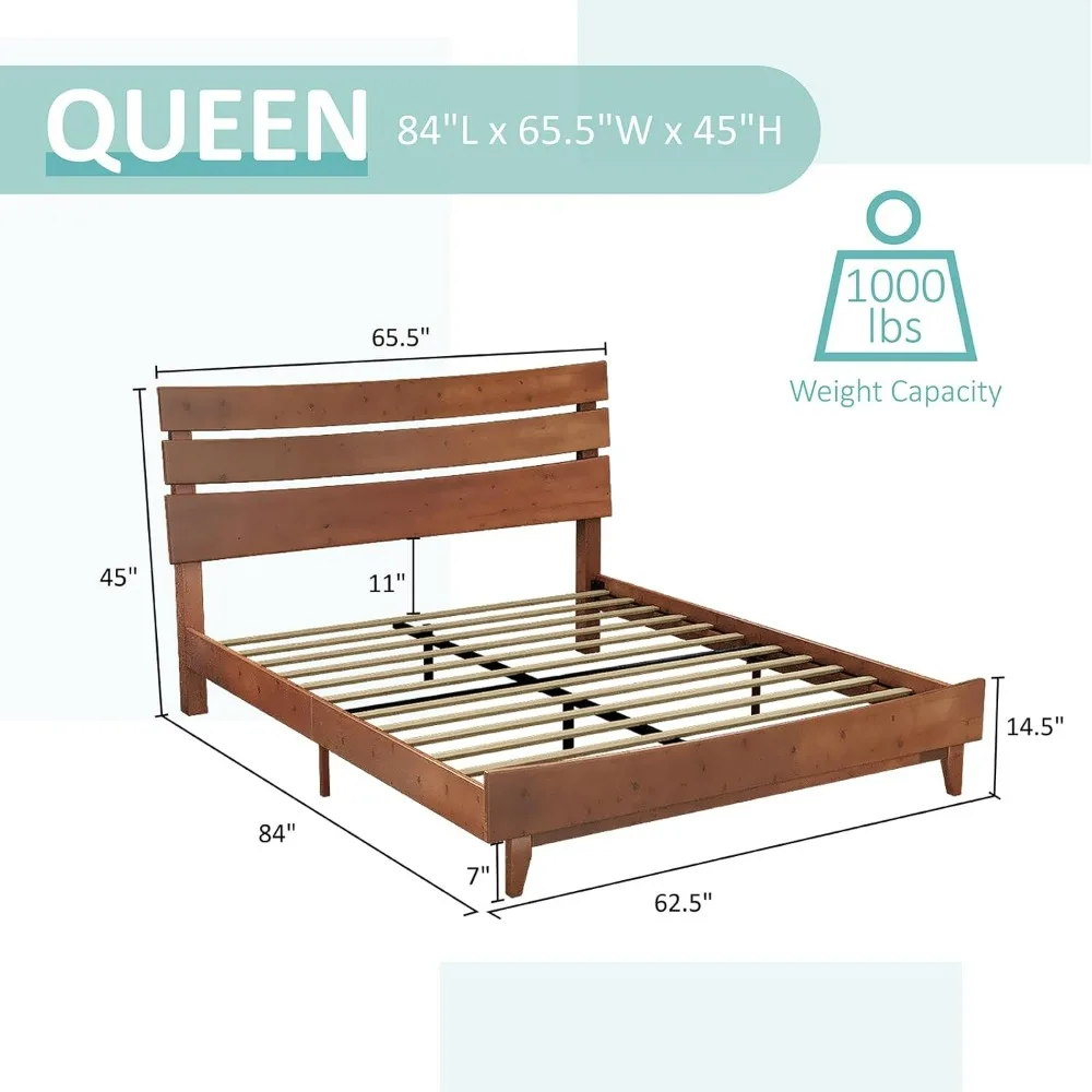 Queen Wood Bed Frame with Headboard, Mid-Century Platform Bed, Solid Wood Slats Support, No Box Spring Needed, Easy Assembly