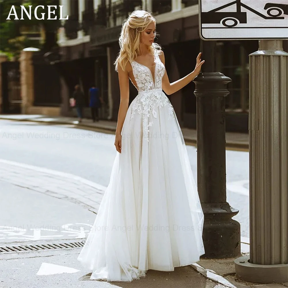 

ANGEL Boho Wedding Dress 2024 V-Neck Appliques Lace A-Line Tulle Bride Gown Button Beach Simple Bridal Robe Vestidos De Novia