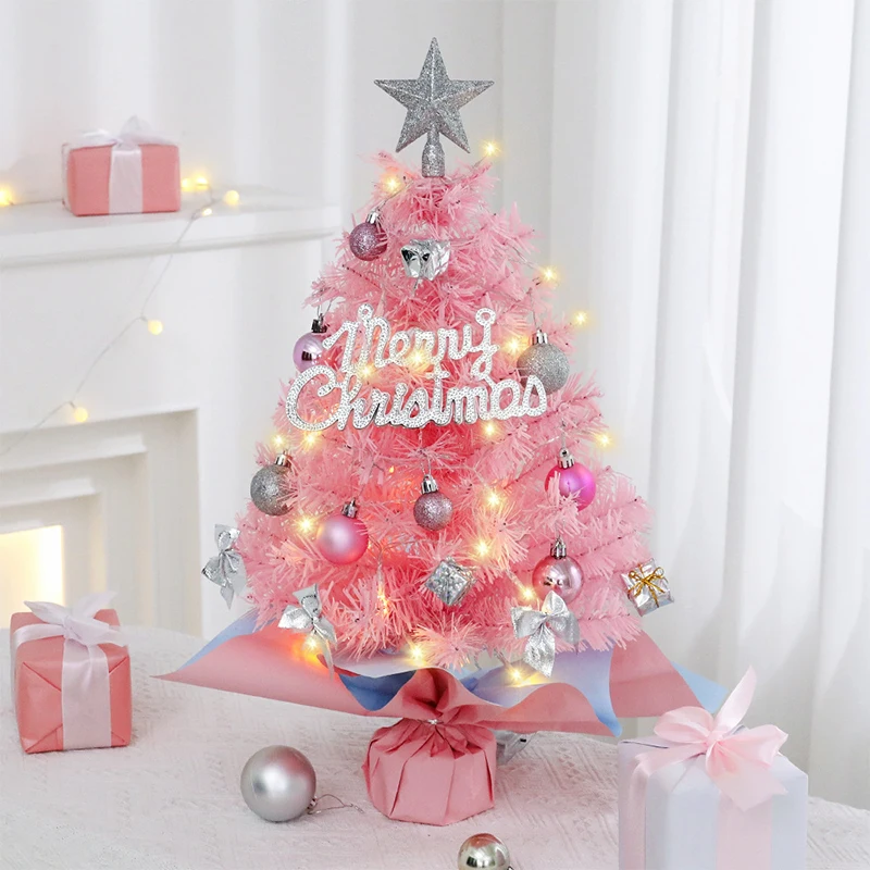 Mini Árvore de Natal Rosa com enfeites e enfeites, decoração de mesa, decoração festiva elegante para pequenos espaços, feriado, 45cm, 60cm