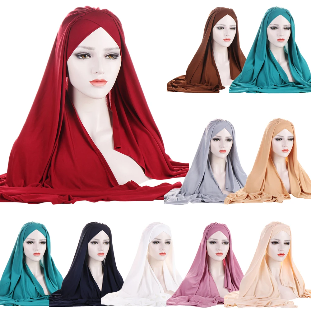 

Women Muslim Instant Hijab Scarf Bonnet Cap Headscarf Islamic Shawl Wrap Turban Solid Color Jersey Hijabs Hair Loss Hat Headwear