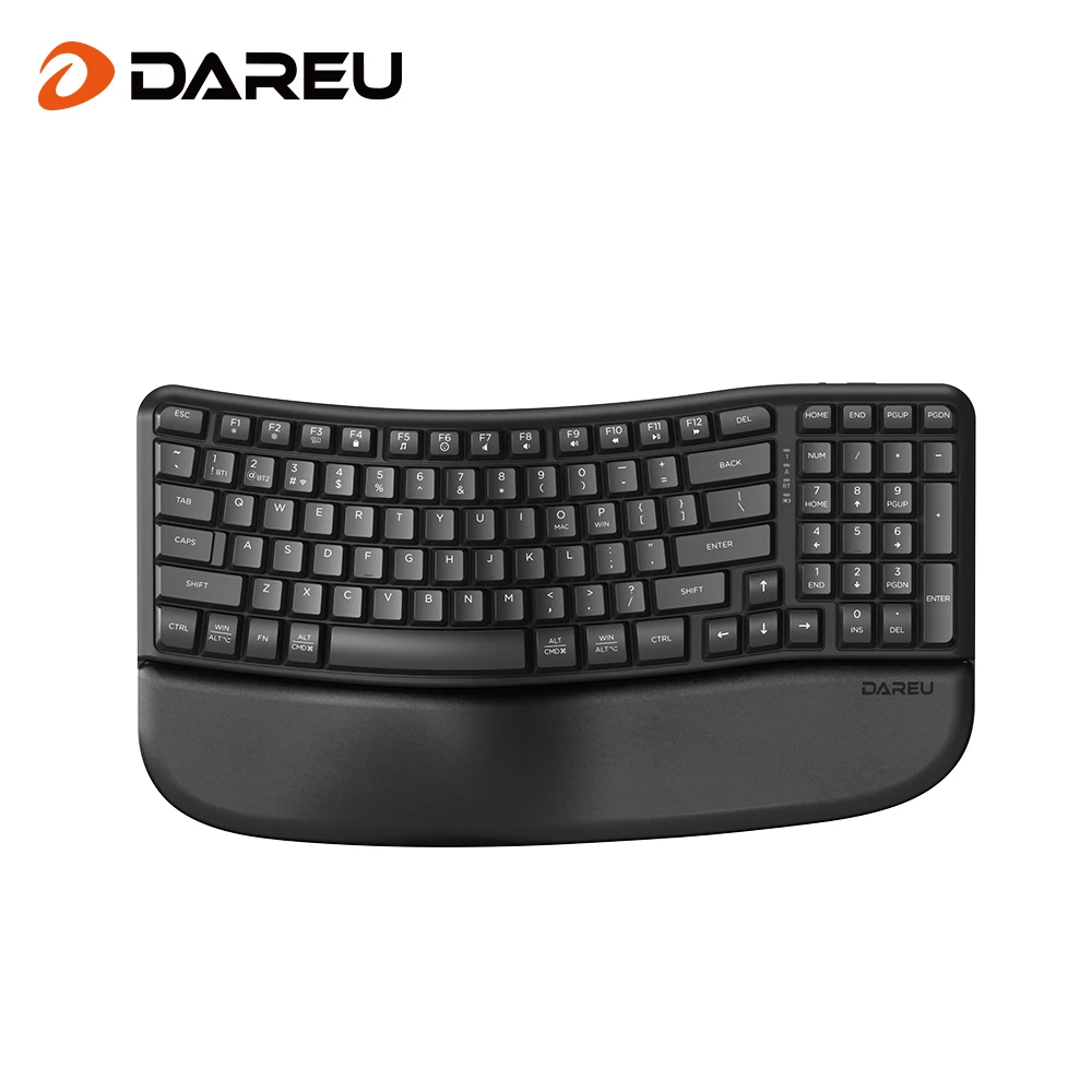 DAREU Wireless Membrane Keyboard Dual Modes 2.4Ghz BT 6-Key Rollover 100 Keys with Cushioned Wrist & Palm Rest Ergonomic Design