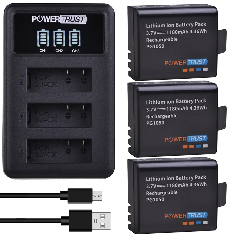 

1180mAh SJ4000 PG1050 PG900 Battery + 3 Slots USB Charger For SJCAM SJ5000 SJ6000 SJ8000 M10, For EKEN H9 H9R H8R H8, GIT-LB101