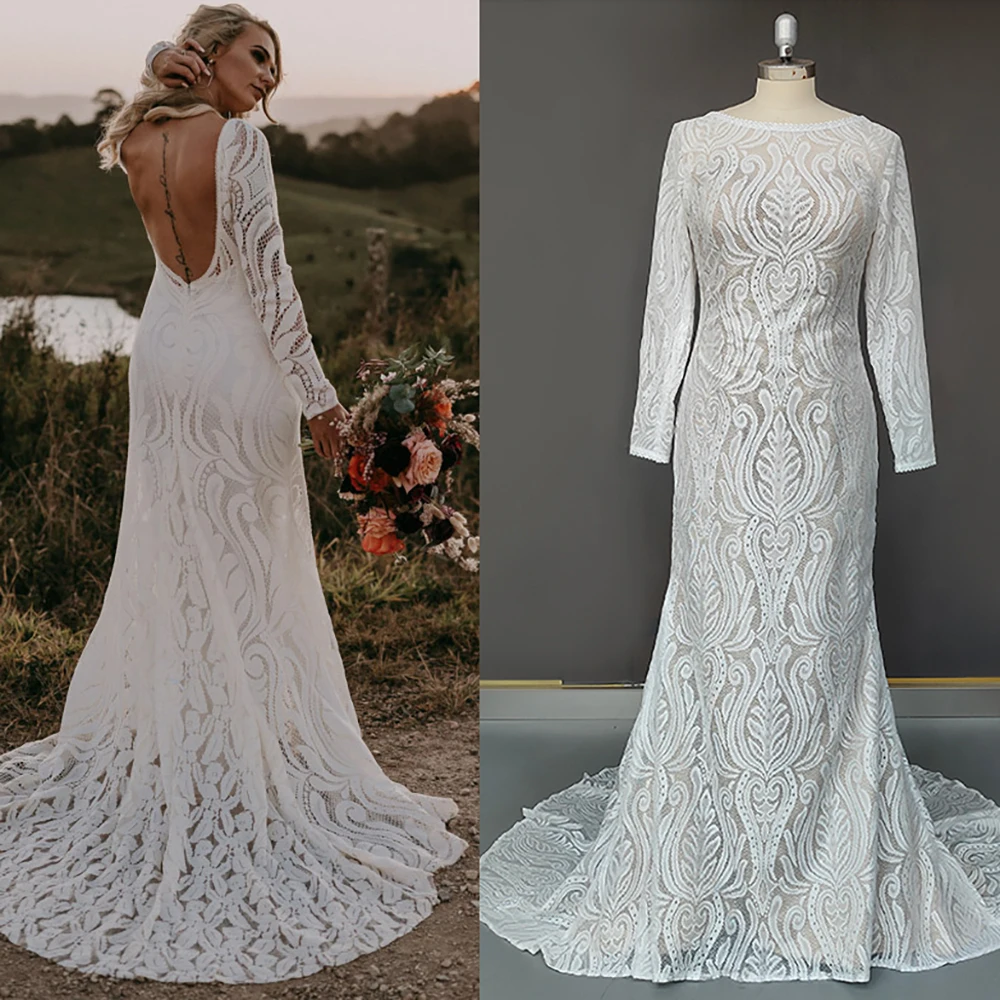 

Custom Made Rustic Long Sleeves Boho Lace Wedding Dress Real Photo Backless Mermaid Backyard Outdoor Sheer Boat Neck Bridal Gown