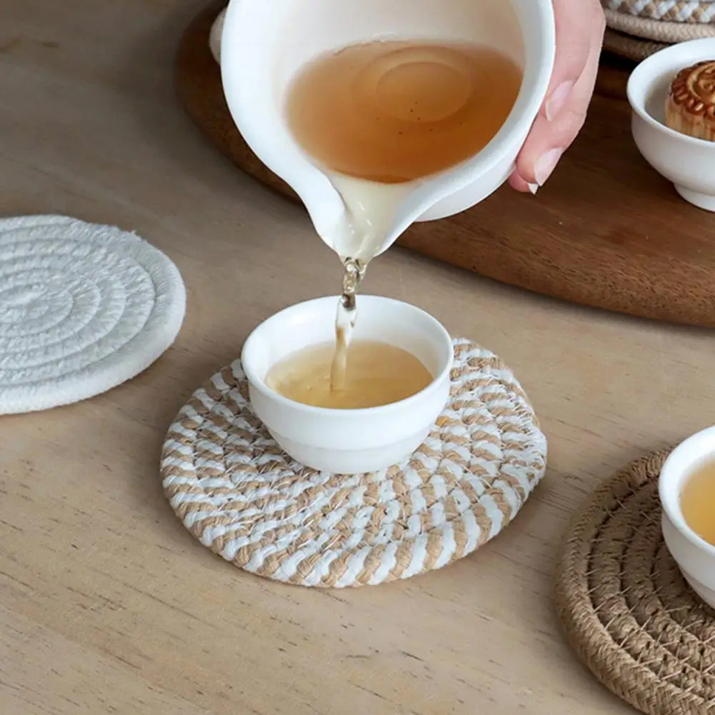 

8 Pcs Heat Resistant Coasters Cotton Rope Round Kitchen Coaster Set Absorbent Dining Table Pads For Home Decor