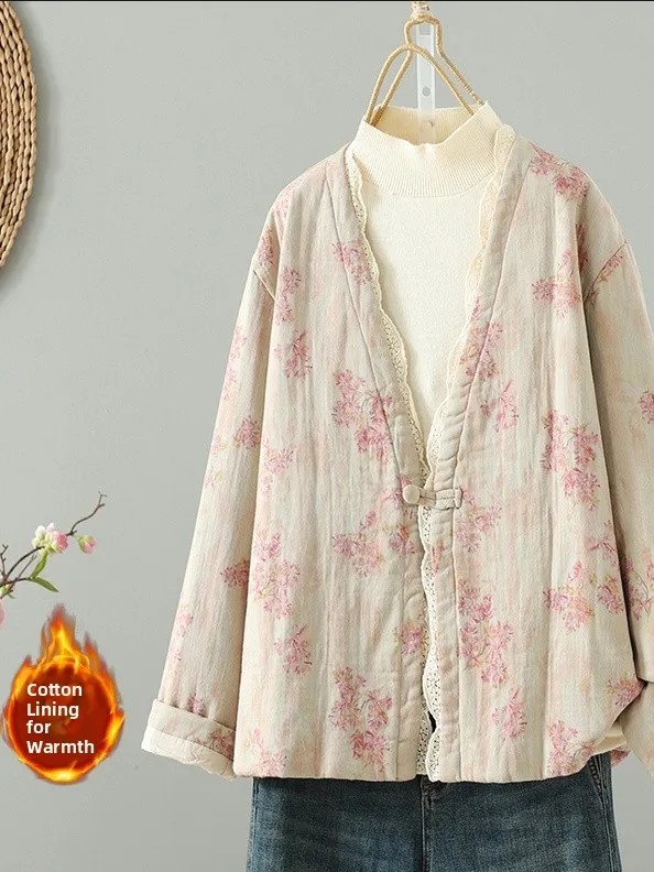 

plus Size Women's Cotton Jaet Loose Vintage Chinese Sle Lace Trim Warmth Outerwear Floral Print V-Ne Button up Coat