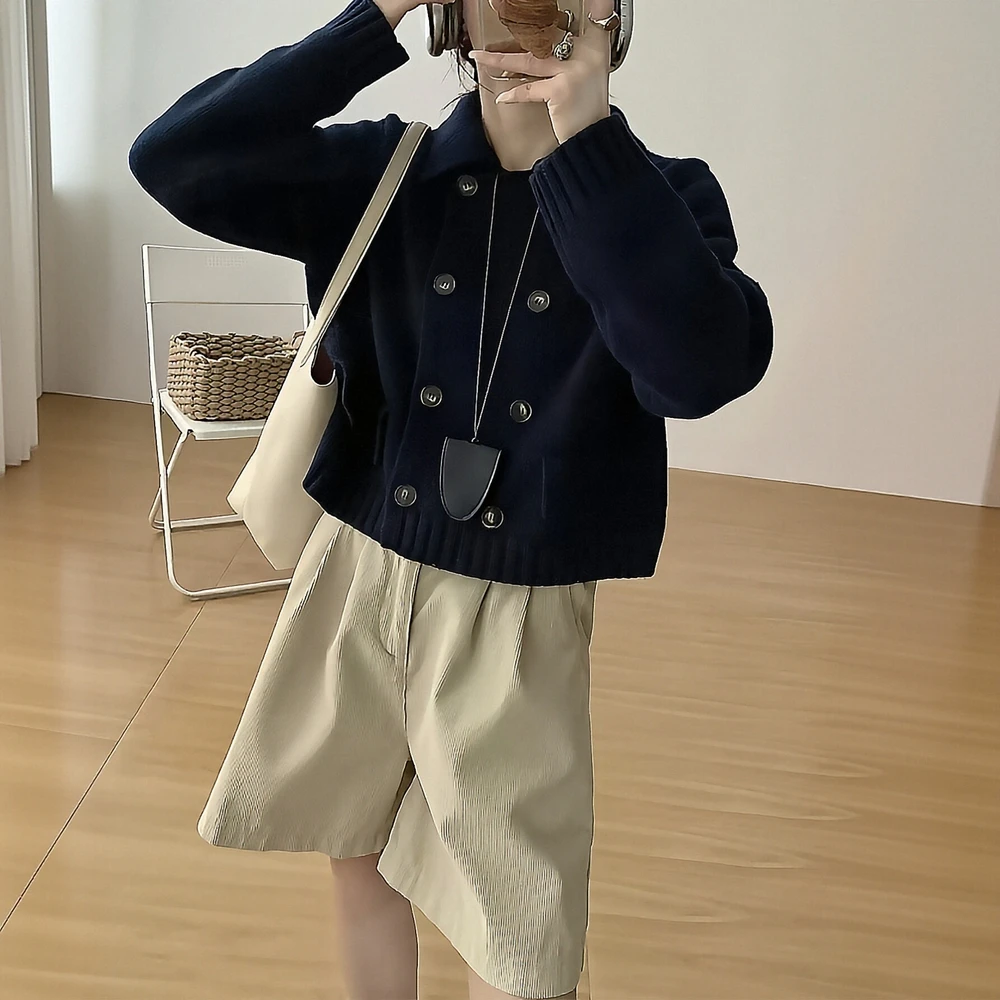 

Осенний кардиган 2025 г., женский элегантный однотонный кардиган на пуговицах с длинными рукавами и лацканами, тонкий кардиган для свиданий