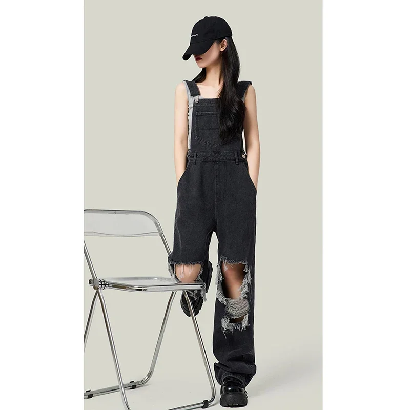 Women Black Straps Jeans Vintage Ripped Wide Leg Pants High Waist Casual Fashion Straight Baggy Denim Trouser Ladies Summer